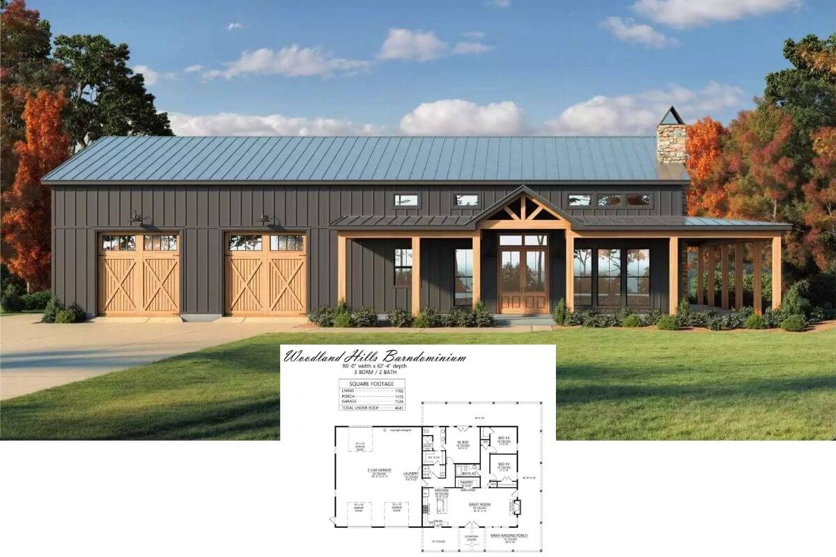 Barndominium-Style 3-Bedroom Woodland Hills Home with Open Living Space and Wraparound Porch (Floor Plan)
