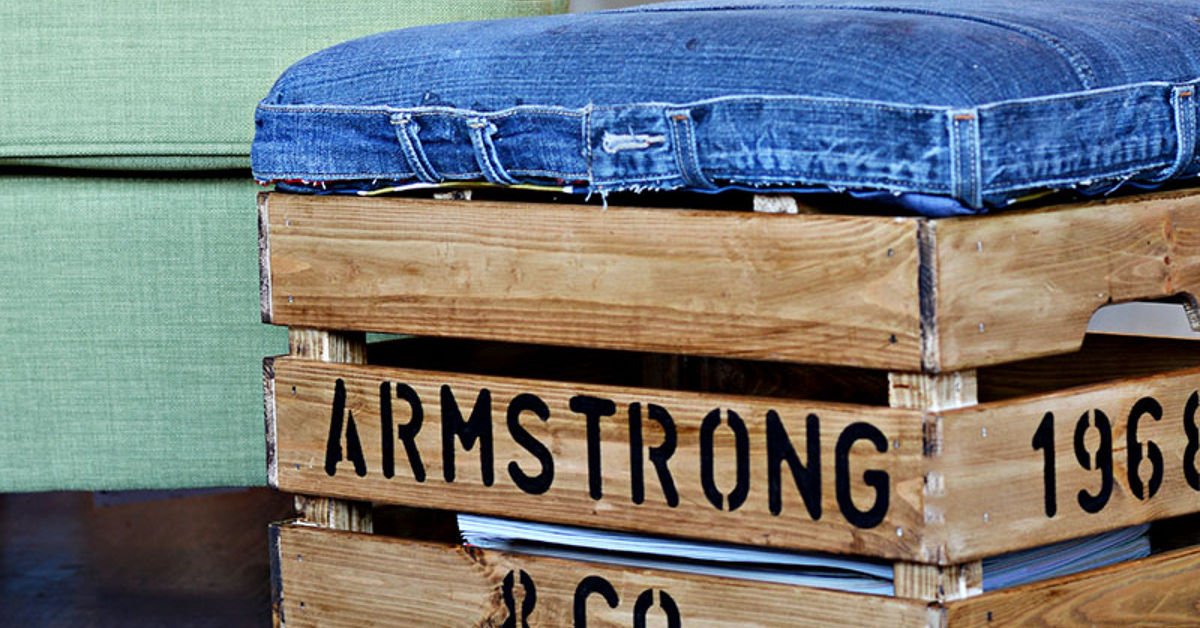 DIY an Awesome Footstool With Storage From Jeans and a Crate.