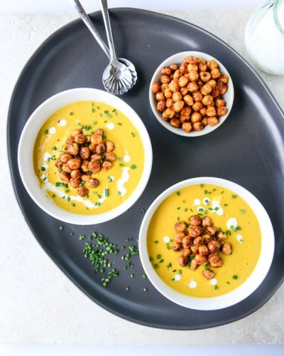 Smoked Gruyere Butternut Soup with Spicy Chickpeas.