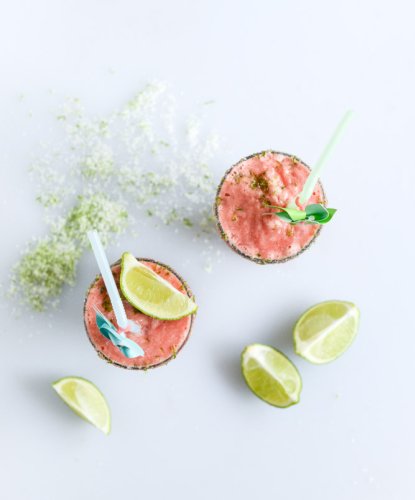 Layered Watermelon Coconut Shakes with Salty Lime Sugar.