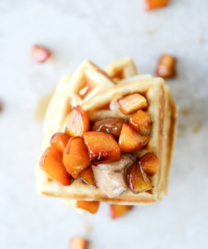 Vanilla Yeasted Waffles with Roasted Peach Maple Syrup.
