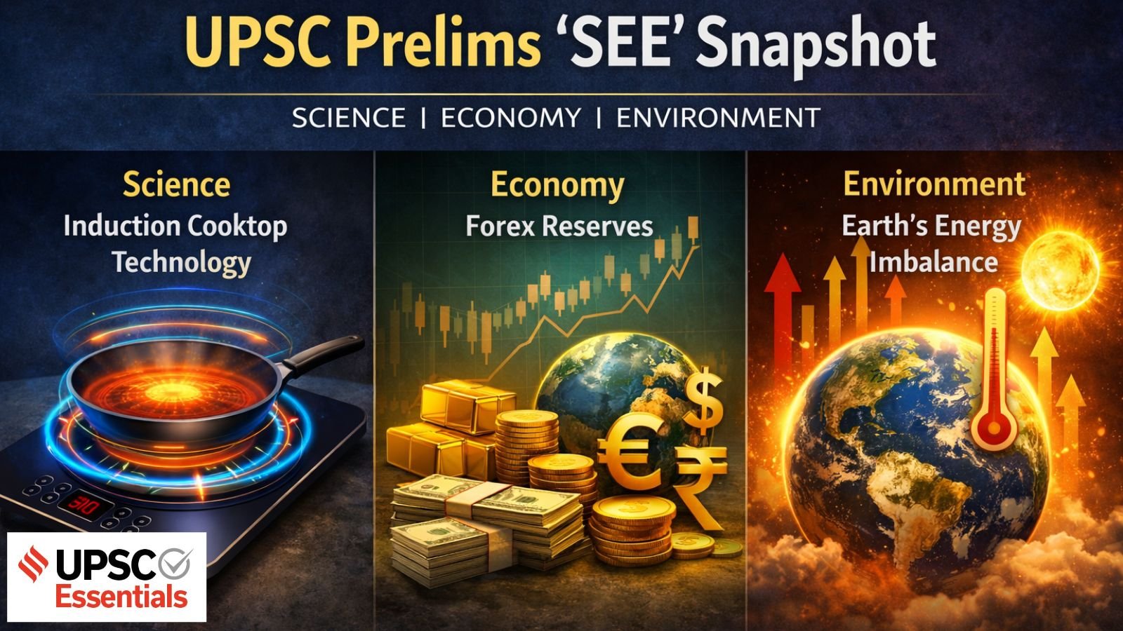 UPSC Prelims ‘SEE’ Snapshot : Induction cooktop, Forex reserve, and Earth’s energy imbalance — quick look