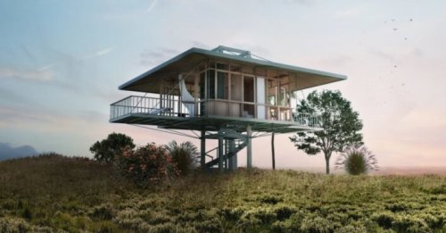 Prefab homes on stilts include solar panels, water collection systems and organic gardens