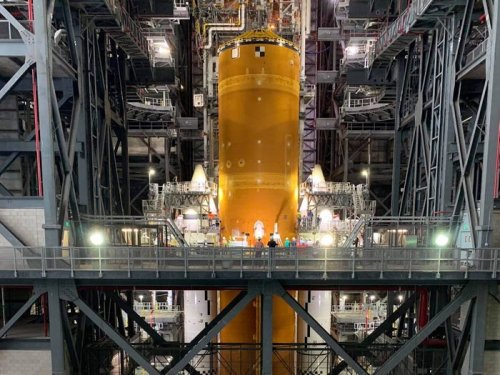 Photos shows NASA's newly assembled megarocket, which is taller than the Statue of Liberty and its most powerful launch vehicle built since the 1960s