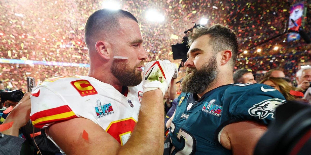 Jason Kelce lingered on the field to watch his brother, Travis, and the Chiefs hoist the Super Bowl trophy