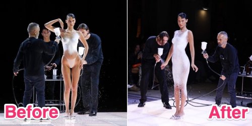 Photos show Bella Hadid getting a dress spray painted onto her body on the catwalk at Paris Fashion Week 2022