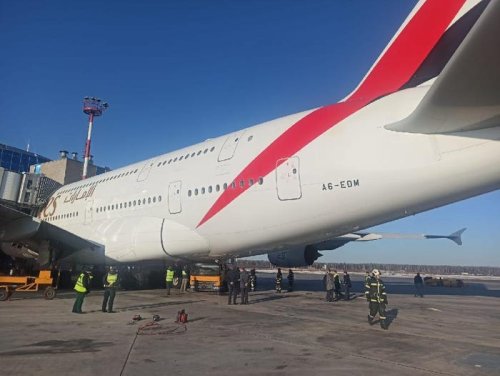 A truck got stuck underneath an Emirates A380 at a Moscow airport and tore a hole in the fuselage