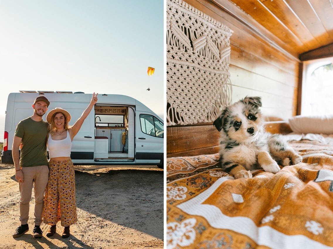 A couple is raising their puppy in a 90-square-foot van that they've turned into their home