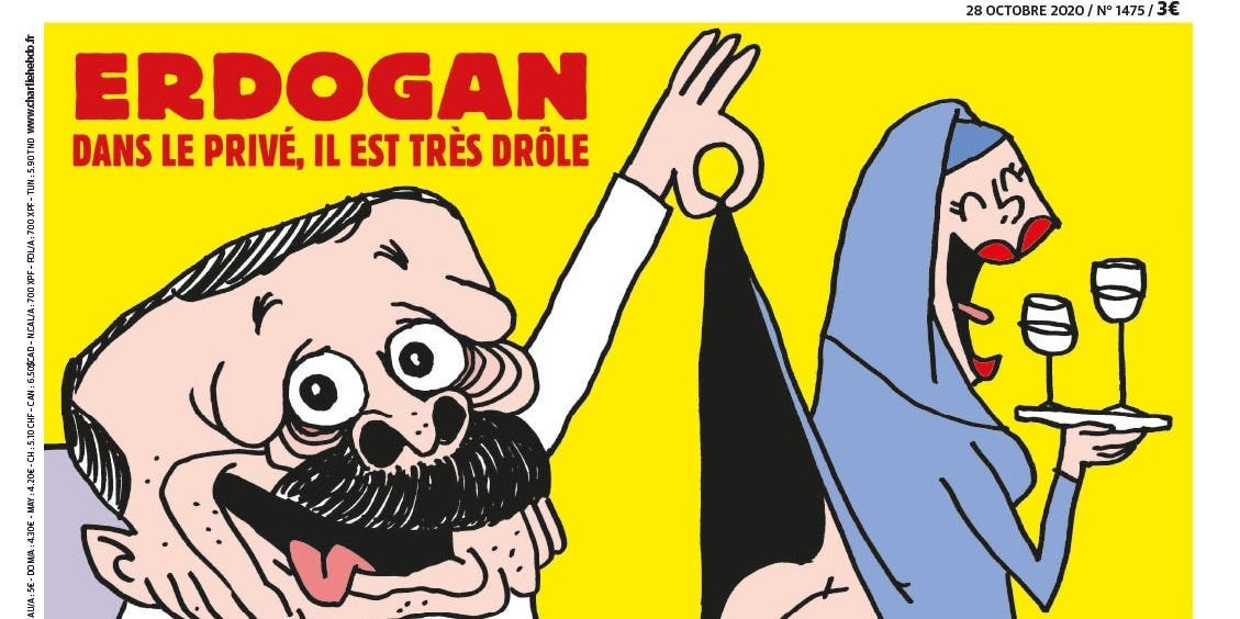 Charlie Hebdo, whose cartoons sparked terror attacks in France, published a cutting caricature of Turkish President Erdogan amid his feud with Macron