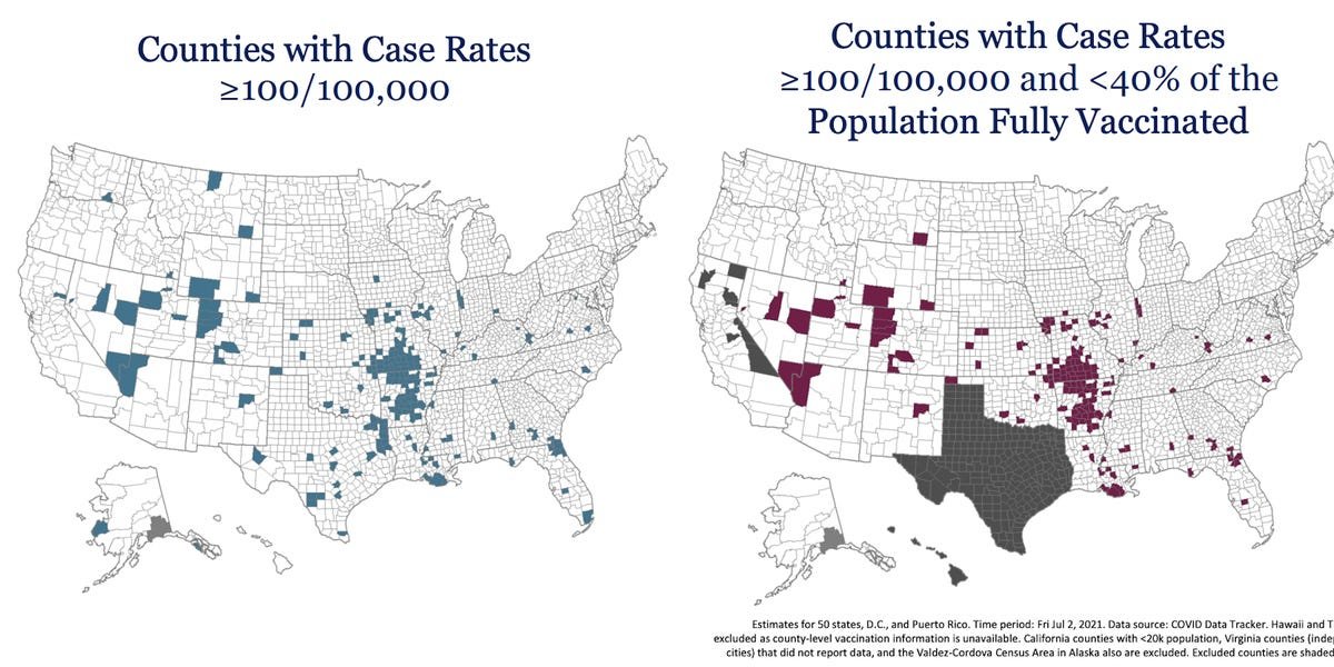 Map shows how almost all the US counties where COVID-19 is surging have vaccination rates below 40%
