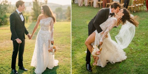 A bride customized her sheer wedding gown with a removable sleeve and floral details to create a look that was both sexy and elegant