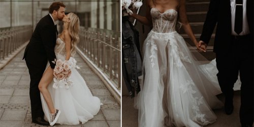 A bride wore a wedding dress with a see-through corset bodice and a thigh-high slit
