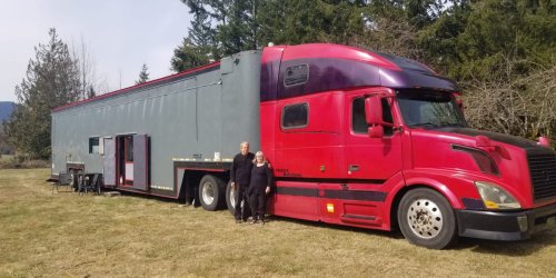 A retired couple spent 5 years and $180k converting a dilapidated semitrailer into a 'monster' mobile home with a library, spiral staircase, and hot tub. Take a look inside.