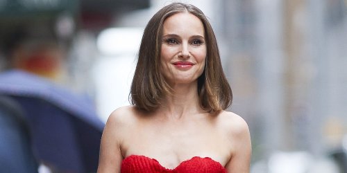 Natalie Portman Wears a Red Bubble Minidress Entirely Made of Yarn