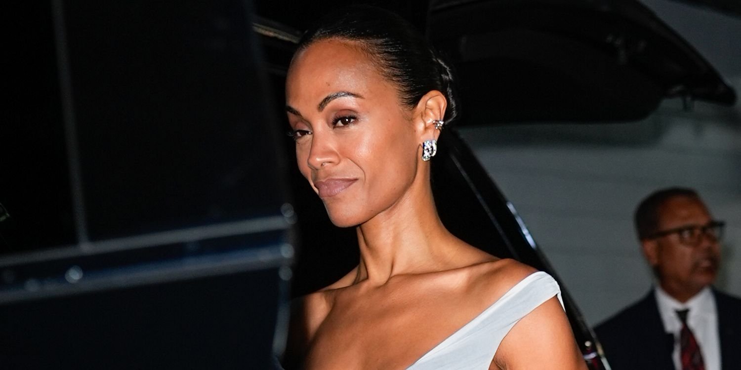 Zoe Saldaña Shines in a Plunging Milky White Ruched Bodycon Dress