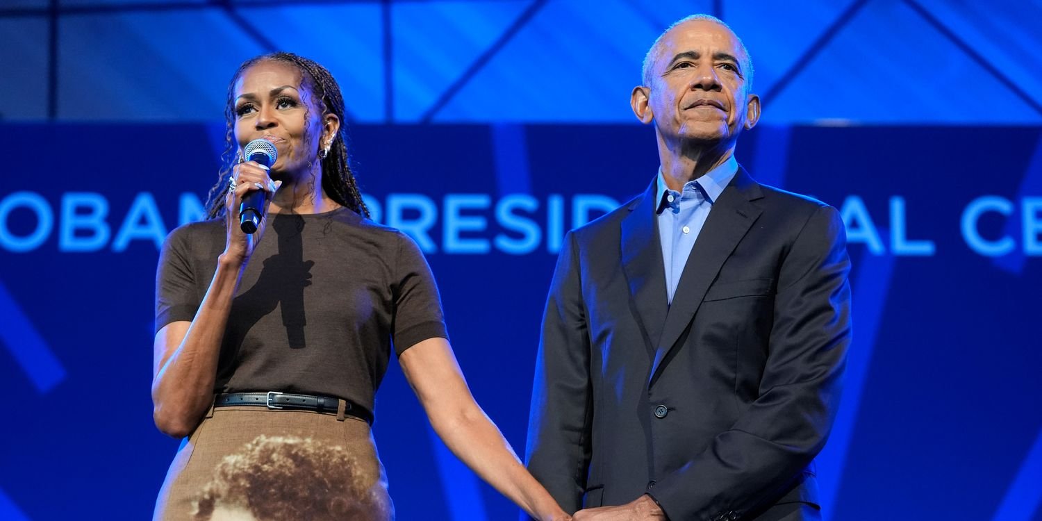 Michelle Obama Wows in a Shoulder-Baring Optical Illusion Dress While Cuddled Up to Barack