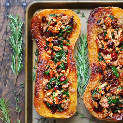 Sausage Stuffed Butternut Squash with Spinach, Pecans, and Cranberries