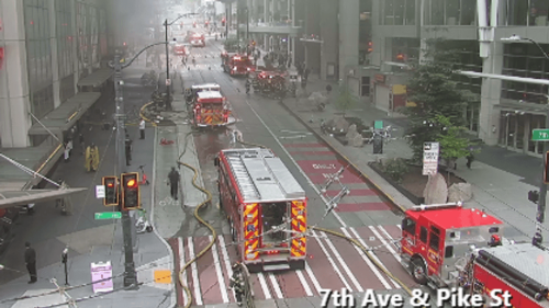 Firefighters battle 2-alarm blaze in downtown Seattle, Pike Street closed