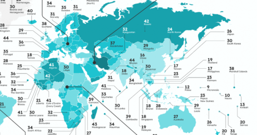 Cette carte du monde recense le nombre de congés payés par pays