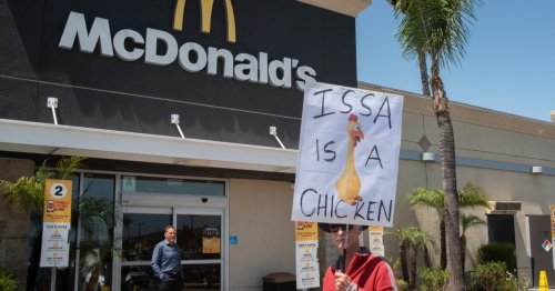 Rep. Darrell Issa avoids protesters amid a McDonald's appearance in San Marcos