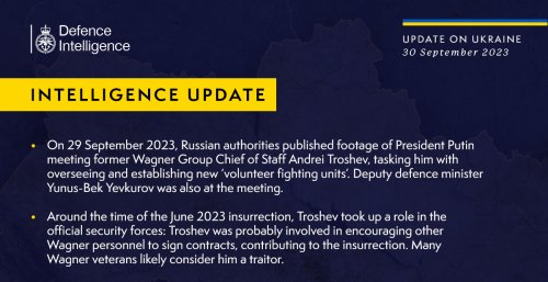 British Defence Intelligence Update Ukraine 30 September 2023