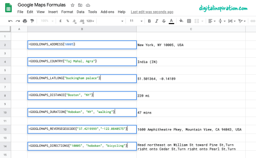 Google Maps Formulas for Google Sheets