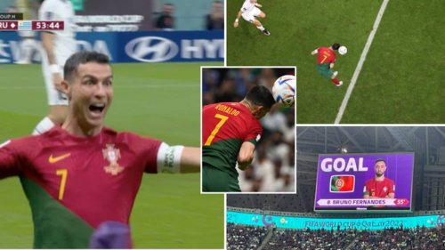 Cristiano Ronaldo celebrates giving Portugal the lead, but stadium announcer gave Bruno Fernandes the goal