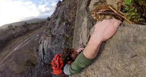 Moment climber with no ropes disturbs hidden owl - but manages to hang on