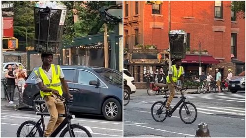 Brooklyn Street Performer Rides Bicycle While Balancing a Full Trash Can on His Head