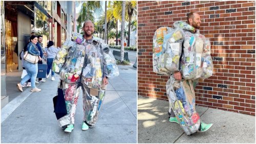 Man Wears a Custom Suit That Holds All the Trash He Generated Over the Course of One Month