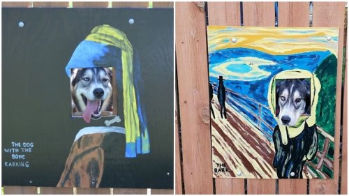 Father and Son Paint Art and Pop Culture Images Around the Fence Cutout Where Their Dogs Peek Out