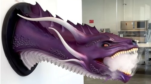 Chef Amaury Guichon Sculpts a Magnificent Smoke Breathing Wall-Mounted Dragon Head Out of Chocolate