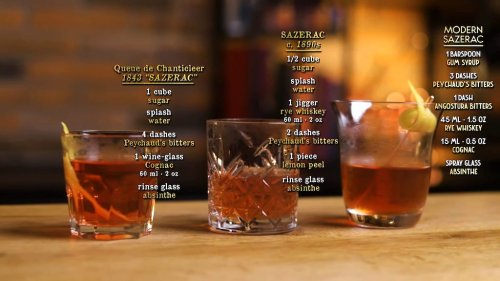 Bartender Prepares Three Versions of the Classic Sazerac Cocktail From Three Different Time Periods