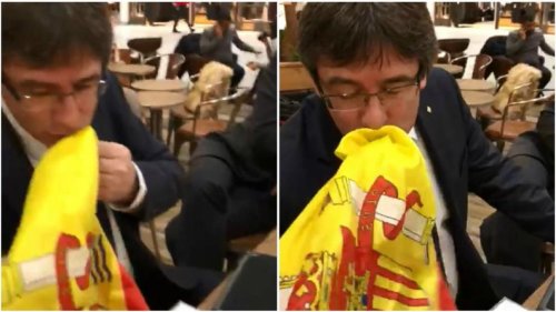 Un español increpa a Puigdemont en Copenhague y le insta a besar una bandera de España