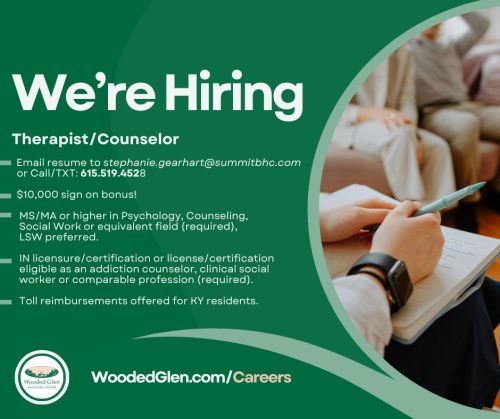 Wooded Glen Recovery Center on LinkedIn: Wooded Glen is hiring a Therapist/Counselor in Henryville…