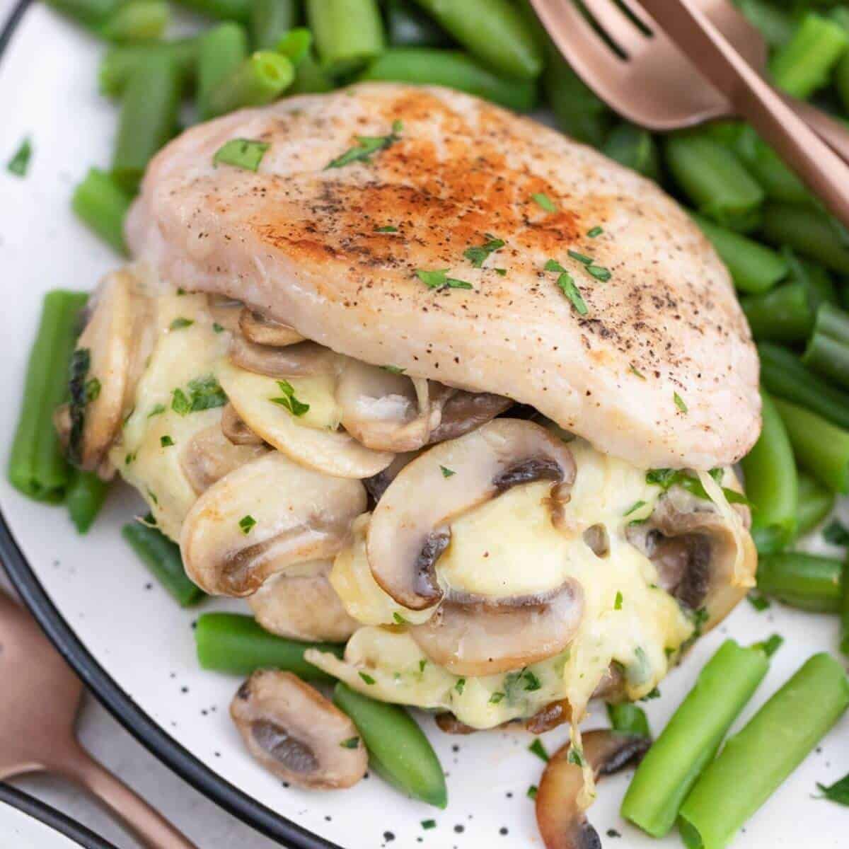Baked Stuffed Pork Chops with Mushrooms and Cheese