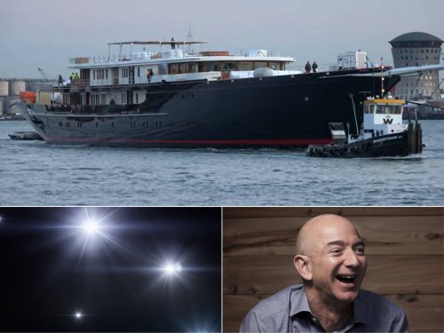 Security personnel on Jeff Bezos’ controversial $500 million megayacht shined bright flashlights on photographers trying to get shots of the 417 feet long pleasure craft.