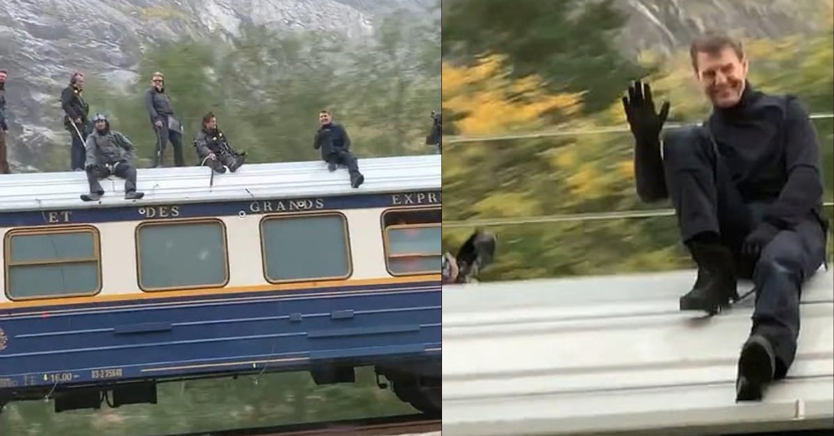 Norwegian motorists are left in shock on seeing Tom Cruise on the roof of the Orient Express train performing dizzying stunts for Mission Impossible 7