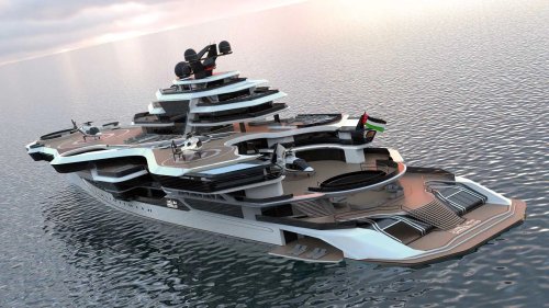 Inspired by the mighty US Aircraft carriers, a sultan of UAE has designed a 459-foot long megayacht concept to host diplomats and royals. The mammoth vessel will have a wellness area, two helipads, a submarine, and even a press-room for international gatherings.