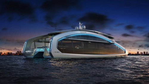 Tecnomar’s 142-foot catamaran is more like a floating Dubai villa. The vessel is encapsulated in 600 square meters of glass windows, it has a vertical garden that spans two decks, a luxury spa room, a dedicated area for show cooking and an expansive owner’s suite.