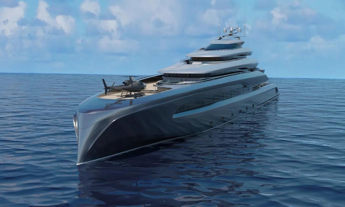 Complete with a gym, sauna and a helicopter this 393 foot luxury megayacht comes with its own beach club