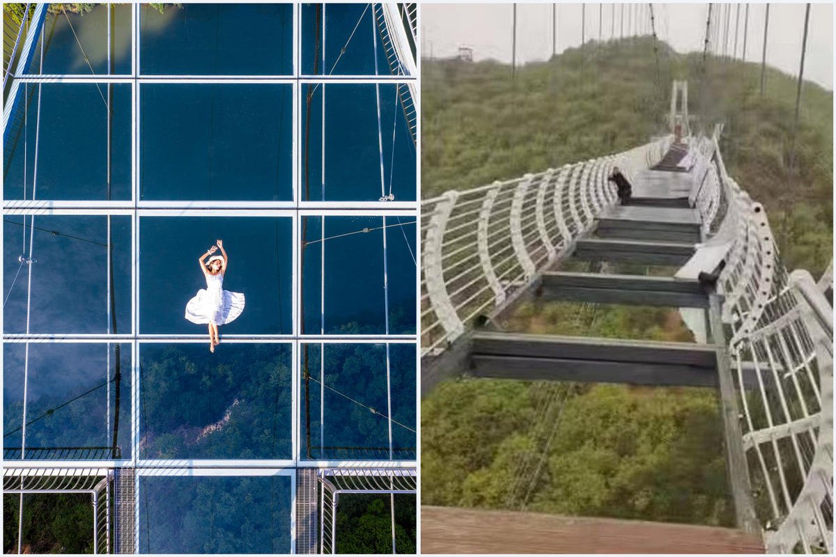 In a bone chilling incident, a multi million dollar glass bottomed bridge in China shatters to high speed winds leaving a tourist dangling 330 feet in the air