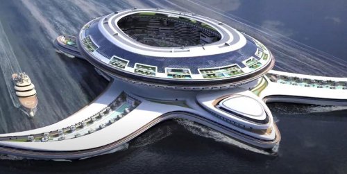 To be built in Saudi Arabia, this $5 billion gigayacht concept is so massive that it can dwarf an oligarch’s superyacht – The turtle-shaped Pangeos will house 60,000 people. A floating city in itself it will have beach clubs, villas, and even a mall.