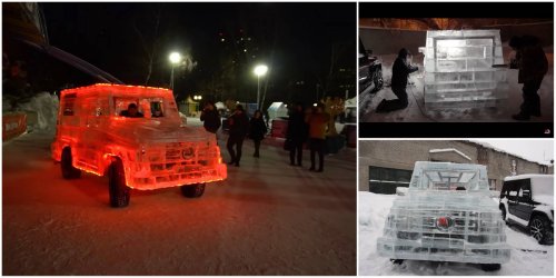 Onlookers are stunned looking at this Russian man driving a whacky translucent Mercedes G-Wagen tribute car sculpted from 6 tons of ice blocks.