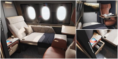 Is this the first class cabin of the future? The plush suite comes with a rotating leather chair, a chaise lounge that converts into a 6.6 feet bed, two LCD screens and twin privacy doors.