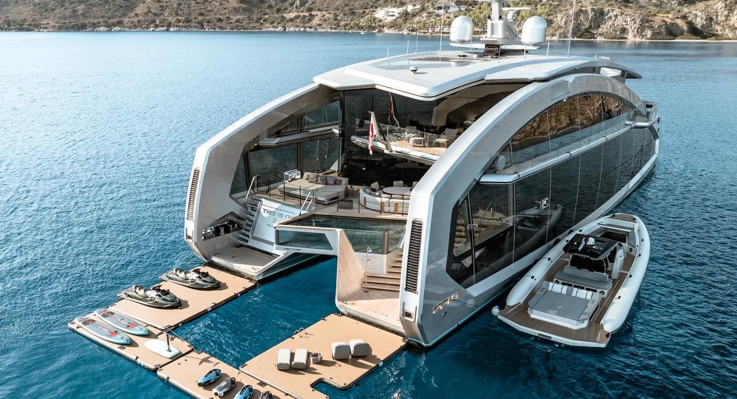 A favorite of Rihanna and A$AP Rocky, this futuristic 144-foot superyacht has more glass windows than an Apple store, an onboard spa, a transparent pool with a waterfall, disappearing doors, six plush cabins, and is on sale for the first time for $53.5 million