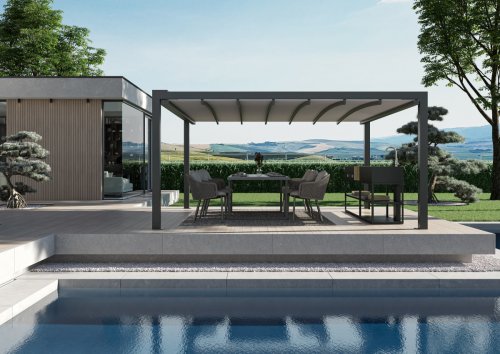 Terrasse moderne et protégée : Keplan innove avec sa pergola minimaliste à la toile chaleureuse - Maison & Travaux