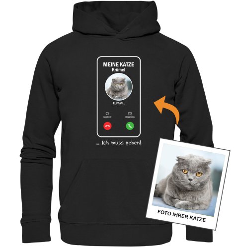 Meine Katze ruft an mit Foto – Personalisiertes Bio-Hoodie für Damen und Herren