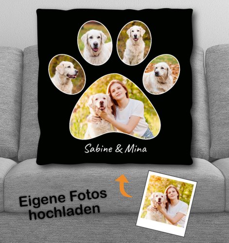 Pfotenabdruck mit Hunde-Fotos - Personalisiertes Kissen