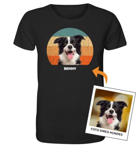 Retro-Sunset mit Hunde-Foto – Personalisiertes Bio-T-Shirt für Herren
